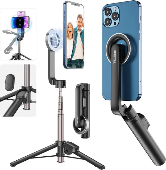 TELESIN Magnetic Selfie Stick Tripod with Bluetooth Remote Control, 27" Extendable Phone Stand Tripod for Magsafe for iPhone 15 14 13 12 Pro Max Series, All Android Phones with Magnetic Functionality