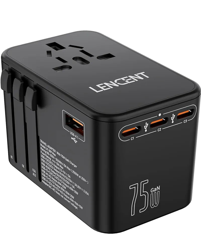 LENCENT 75W Universal Travel Adapter, 65W GaN International Fast Charger with 3 PD3.0 Type C+2 QC USB A, Worldwide Power Adaptor for Phones,Laptops, All in One Power Adapter for EU/USA/UK/AU