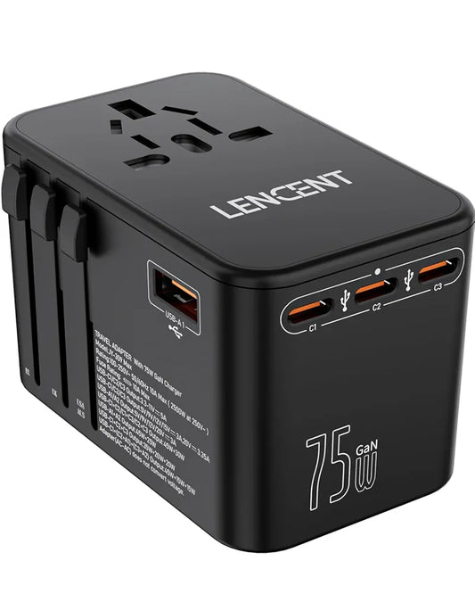 LENCENT 75W Universal Travel Adapter, 65W GaN International Fast Charger with 3 PD3.0 Type C+2 QC USB A, Worldwide Power Adaptor for Phones,Laptops, All in One Power Adapter for EU/USA/UK/AU