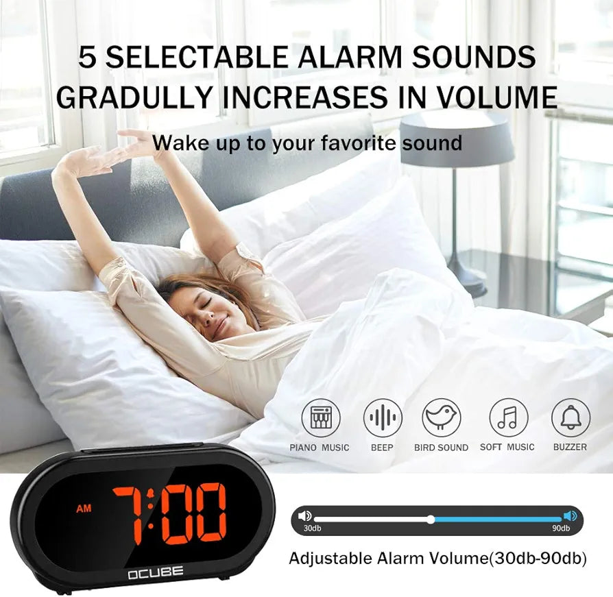 Digital Alarm Clock, Bedside Clock with 5 Optional Alarm Sounds, 0-100% Dimmer, Adjustable Alarm Volume, Easy to Use, USB Charger, Big Digit Display, Snooze, 12/24Hr, Mains Powered(Black)