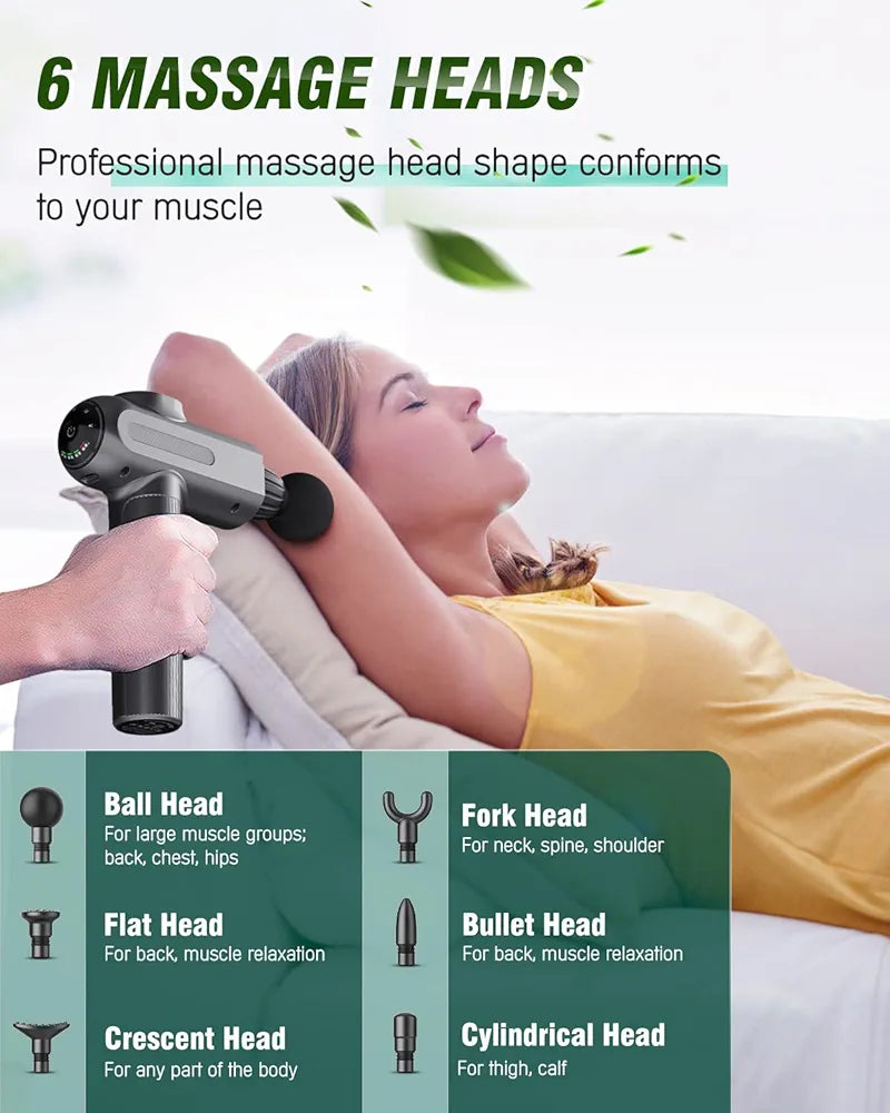 Massage Gun, Muscle Massage Gun Deep Tissue, Percussion Muscle Massager with 6 Massage Heads, Type-C Electric Handheld Body Massager for Muscle Pain Relief & Recovery