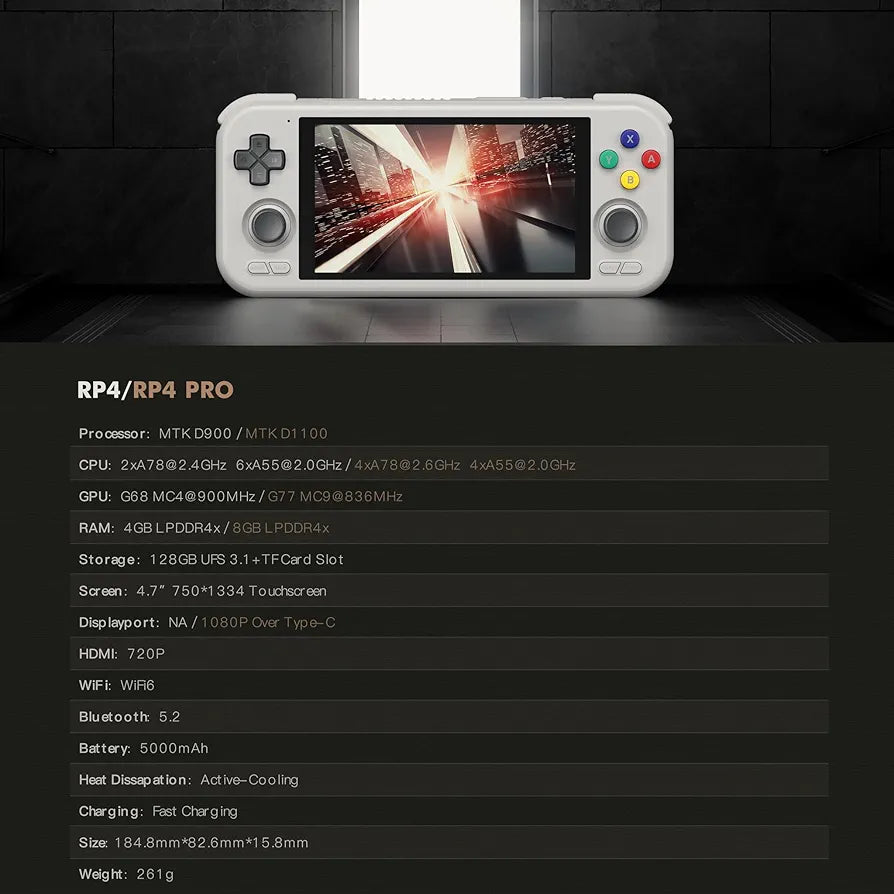 Retroid Pocket 4/4Pro Retro Game Handheld Console, Android Retro Game Console Multiple Emulators Console Handheld 4.7 Inch Display 5000mAh Battery Classic Games Console (RP4 Pro, 16Bit, D1100)