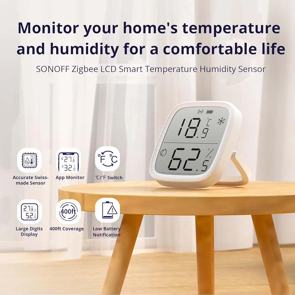 SONOFF SNZB-02D, Zigbee LCD Smart Temperature Humidity Sensor, Low attery Notification, Large Digits Display, High Accuracy, Alert via APP, Works with Alexa & Google Home, ZigBee Hub Required