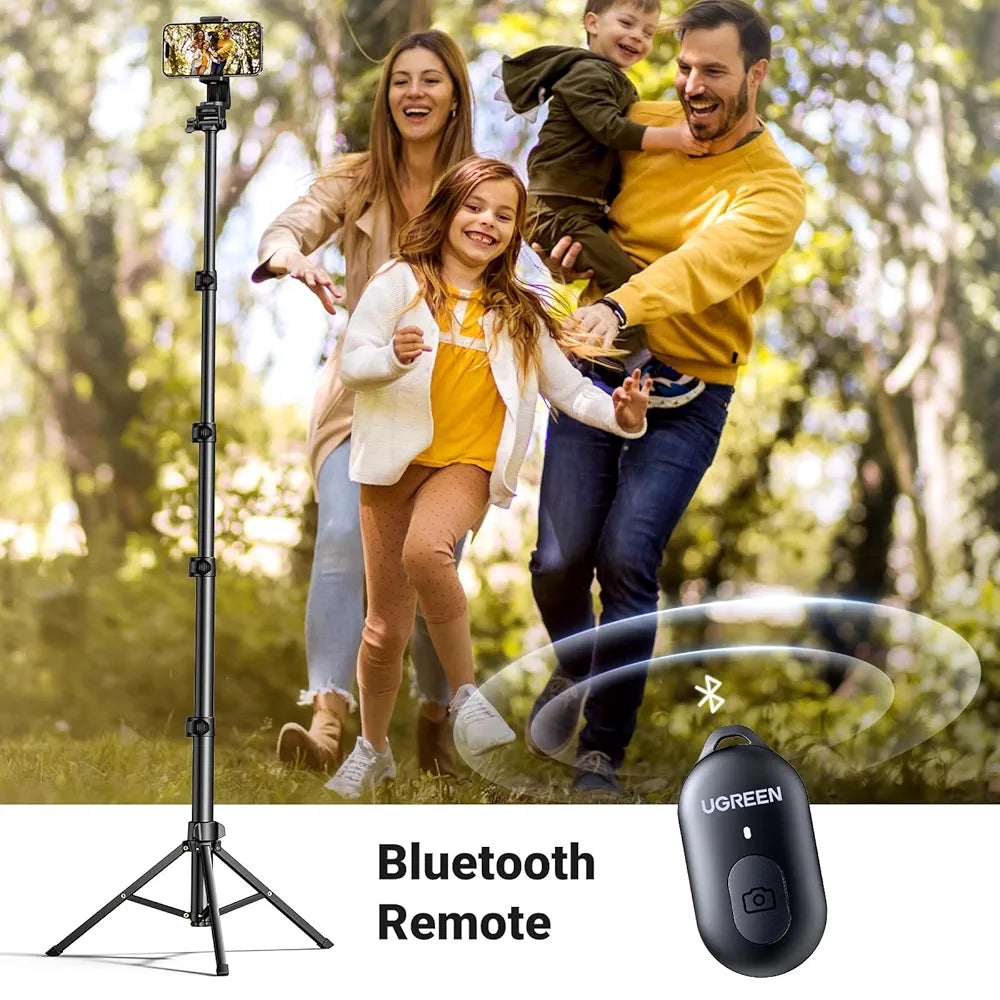 UGREEN iPhone Tripod Stand Filming 70”/1.8m Tall Selfie Stick Bluetooth Remote Foldable Phone Travel Mount 360° Rotating Holder Compatible with iPhone 17 Pro Max Air 16,Galaxy S25 S24 Ultra,Camera