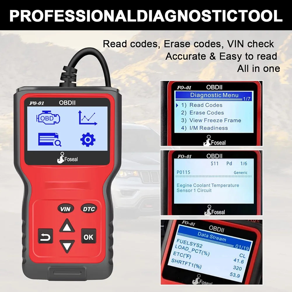 Foseal Wired Car OBD2 Scanner,Plug and Play Code Reader, Car Diagnostic Tool for OBDII Protocol Vehicles Since 1996