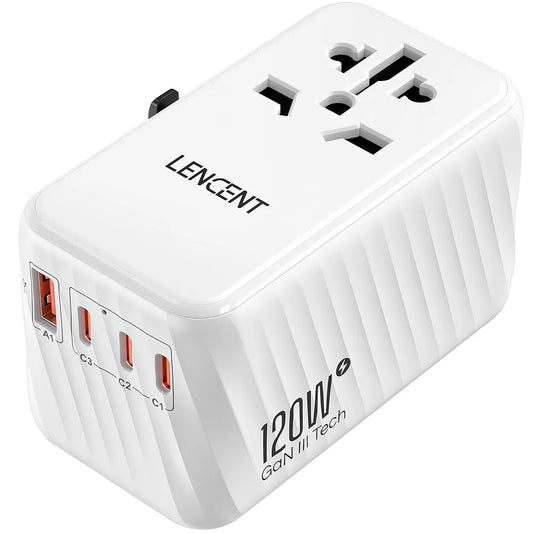 LENCENT International Travel Adapter, 120W GaN Universal Fast Charger with 3 PD3.0 Type C+1 QC USB A, All in One Power Adaptor for iPhones,Laptops, Worldwide Plug Adapter for EU/USA/UK/AU, White
