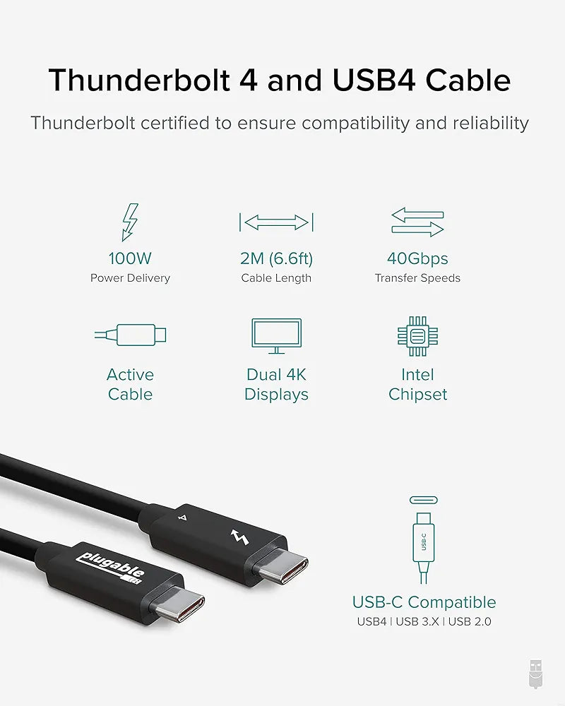 Plugable Thunderbolt 4 Cable [Thunderbolt Certified] 6.6ft USB4 Cable with 100W Charging, Single 8K or Dual 4K Displays, 40Gbps Data Transfer, Compatible with Thunderbolt, USB4, USB-C - Driverless