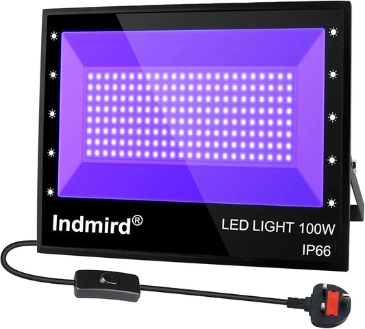 Indmird UV LED Black Light, 395nm 100W UV LED Floodlight, IP66 Waterproof Spotlight Ultraviolet Blacklight Stage Lamp for Aquarium, Indoor or Outdoor Party Supplies, Halloween Decorations