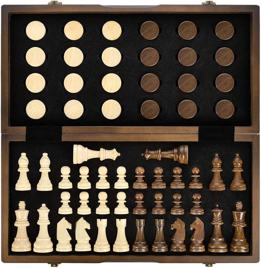AMEROUS Magnetic Wooden Chess and Checkers Game Set, 15 Inches (2 in 1) Chess Board Games, 2 Extra Queens - Gift Package - Game Pieces Storage Slots