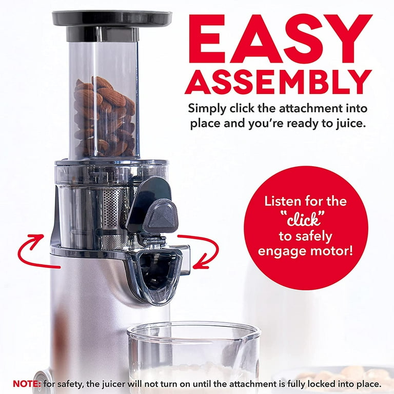 Dash DCSJ255 Deluxe Compact Power Slow Masticating Extractor Easy to Clean, Cold Press Juicer with Brush, Pulp Measuring Cup, Frozen Attachment and Juice Recipe Guide,