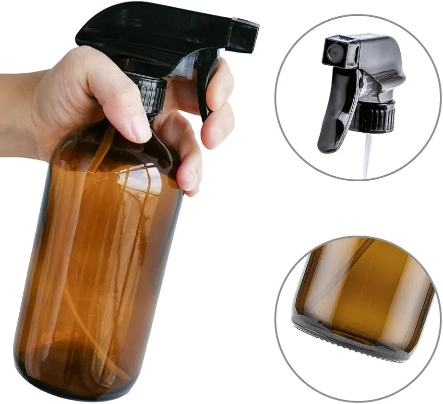 THETIS Homes Amber Glass Spray Bottle (3 Pack) Boston (16oz) - Refillable Container with Trigger Sprayers, Caps and lables, Glass Bottle for Essential Oils, Cleaning, Room Spritzers or Aromatherapy