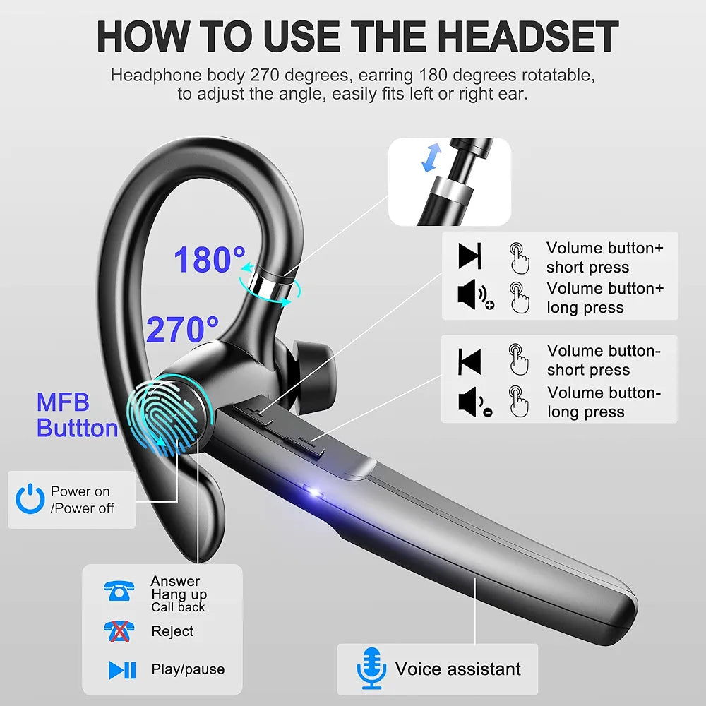 Bluetooth Headset with Microphone,48Hrs V5.3 Bluetooth Earpiece for Cell Phone/Business/Office/Driving/Trucker Driver,Bluetooth Headphones Earbuds for iPhone Android Samsung