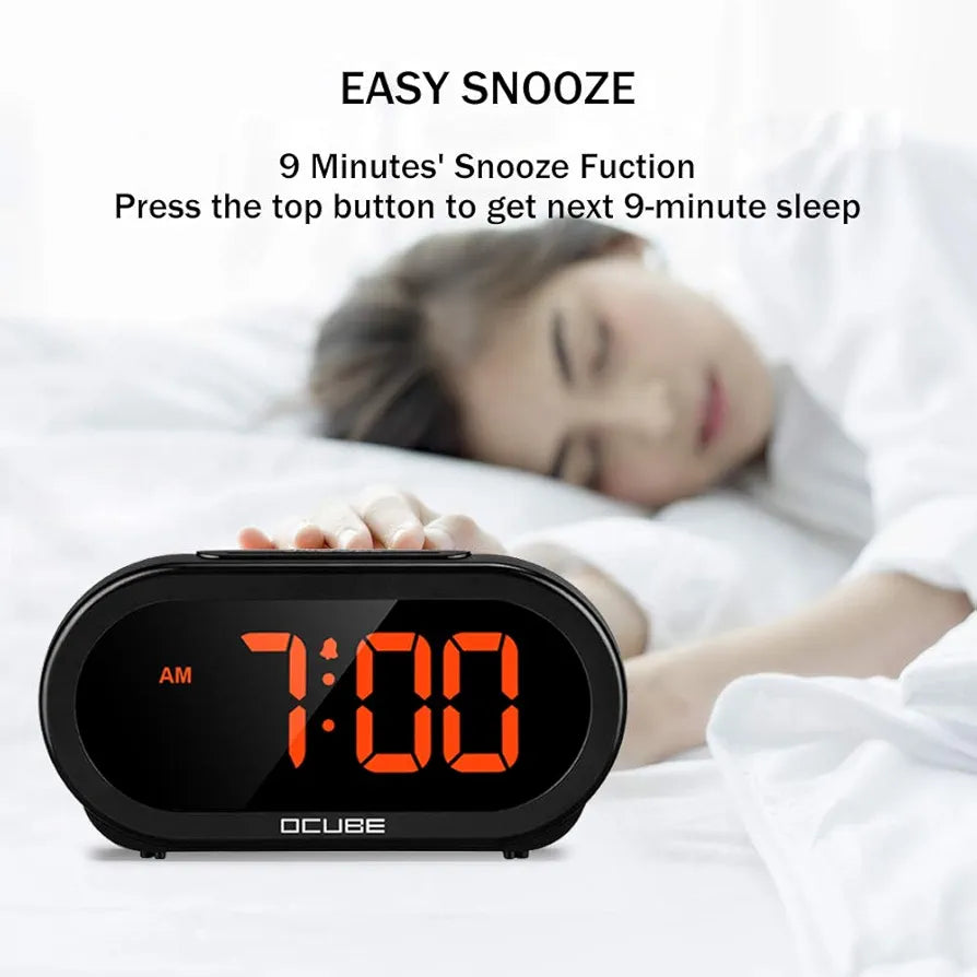 Digital Alarm Clock, Bedside Clock with 5 Optional Alarm Sounds, 0-100% Dimmer, Adjustable Alarm Volume, Easy to Use, USB Charger, Big Digit Display, Snooze, 12/24Hr, Mains Powered(Black)