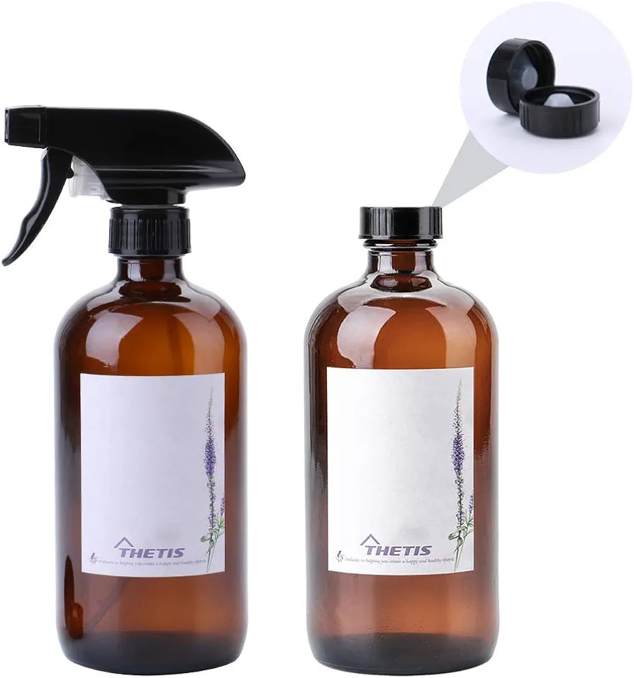 THETIS Homes Amber Glass Spray Bottle (3 Pack) Boston (16oz) - Refillable Container with Trigger Sprayers, Caps and lables, Glass Bottle for Essential Oils, Cleaning, Room Spritzers or Aromatherapy