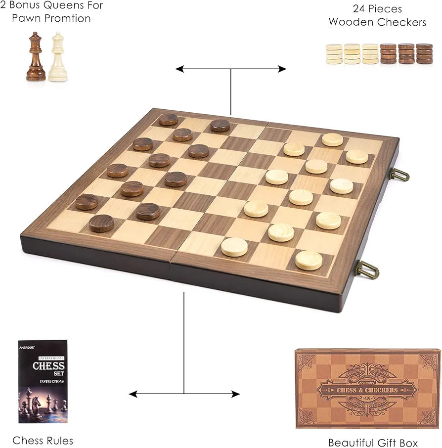 AMEROUS Magnetic Wooden Chess and Checkers Game Set, 15 Inches (2 in 1) Chess Board Games, 2 Extra Queens - Gift Package - Game Pieces Storage Slots
