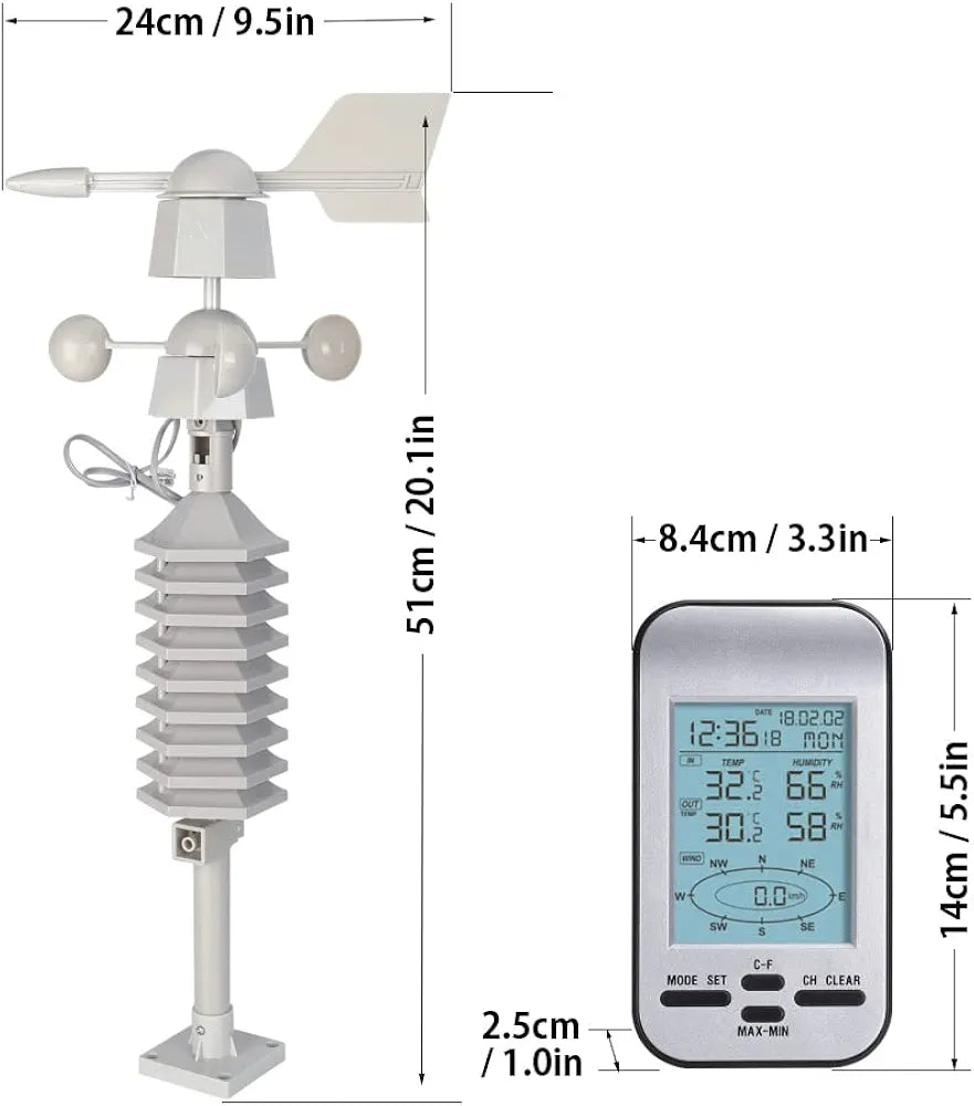 Digital Wireless Weather Station with Dual-Mount Wind Sensor 433MHz Indoor Outdoor Thermohygrometer Temperature Humidity Wind Direction Speed 328ft Remote Monitoring & Alerts