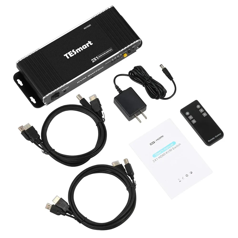 TESmart KVM Switch HDMI PC Switcher 2 Input 1 Output KVM Selector Switch HDMI Version 4K Ultra HD 2 x 1 HDMI KVM Switch 4K @ 60Hz 4: 4: 4 with 2 Pieces 5ft KVM Cables, USB 2.0 Device Control