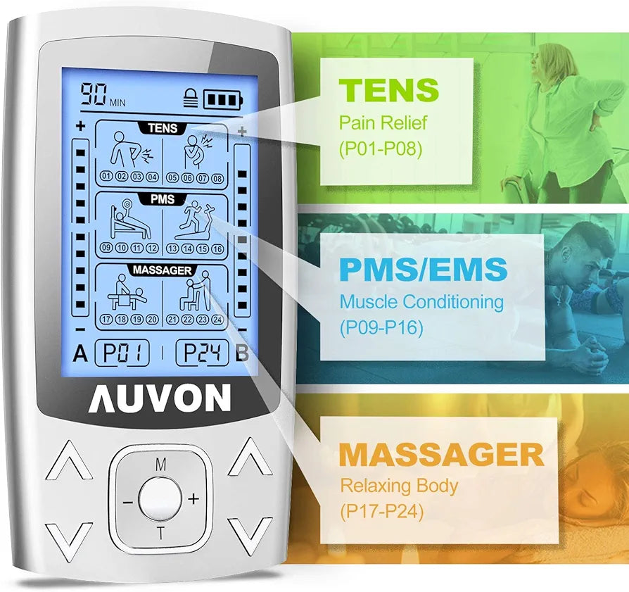 AUVON Dual Channel TENS EMS Machine for Pain Relief, 24 Modes TENS Unit Muscle Stimulator with 12pcs 2"x2" TENS Electrode Pads