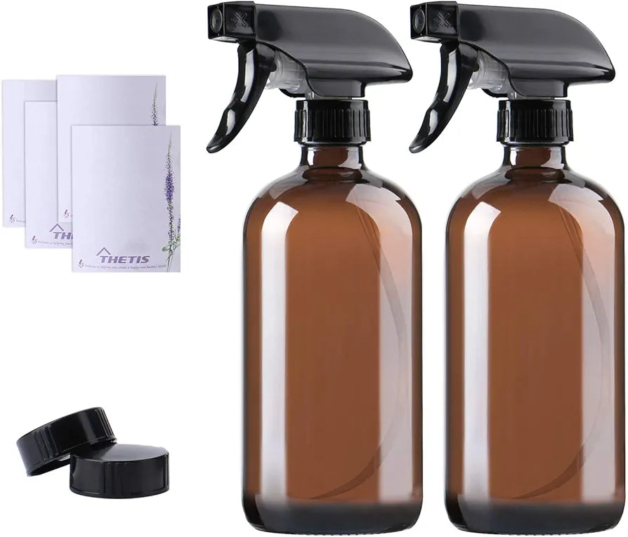 THETIS Homes Amber Glass Spray Bottle (3 Pack) Boston (16oz) - Refillable Container with Trigger Sprayers, Caps and lables, Glass Bottle for Essential Oils, Cleaning, Room Spritzers or Aromatherapy