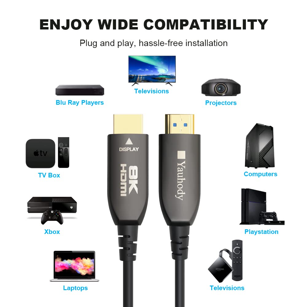 Yauhody Real 8K HDMI Fiber Optic Cable 50ft, Ultra High Speed 48Gbps HDMI 2.1 Over Fiber, Supports 10K, 8K@60Hz, 4K@144Hz/120Hz/60Hz, HDCP 2.2 & 2.3, 4:4:4, eARC, Dynamic HDR 10, 3D (50ft)