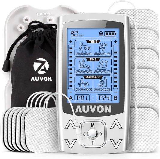 AUVON Dual Channel TENS EMS Machine for Pain Relief, 24 Modes TENS Unit Muscle Stimulator with 12pcs 2"x2" TENS Electrode Pads