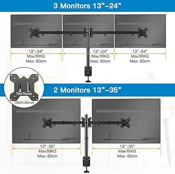 HUANUO Ergonomic Dual Monitor Stand for 13 to 35 Inch Screens, Height Adjustable Monitor Arm Holds up to 22 lbs, Tilt ±45° Swivel 180° Rotate 360°, 2 Mounting Options, VESA 75 & 100 mm