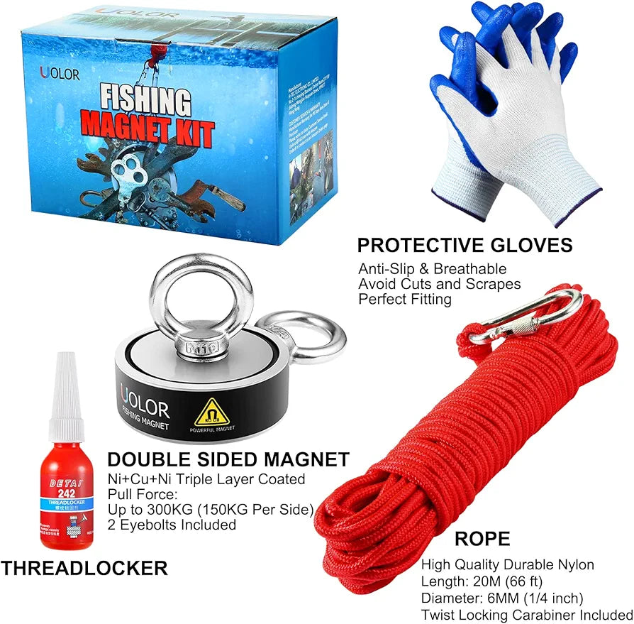 300KG Pull Force Double Sided Complete Fishing Magnet Kit for Magnet Fishing - Includes 20M Rope with Carabiner, Gloves, Threadlocker for Retrieving Items in River, Lake, Beach, Lawn
