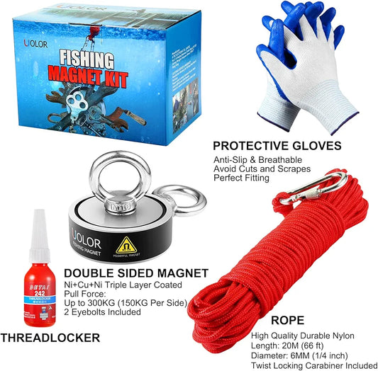 300KG Pull Force Double Sided Complete Fishing Magnet Kit for Magnet Fishing - Includes 20M Rope with Carabiner, Gloves, Threadlocker for Retrieving Items in River, Lake, Beach, Lawn