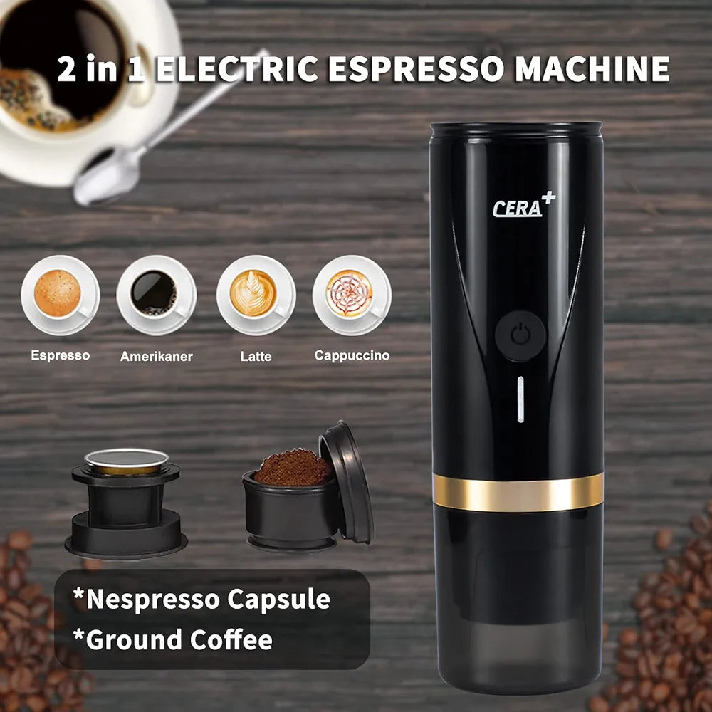 CERA+ Portable Espresso Machine One Key Self-Heating 12V Car Cigarette Lighter Coffee Maker Compatible with NS Capsule & Ground Coffee for Camping, Travel, RV