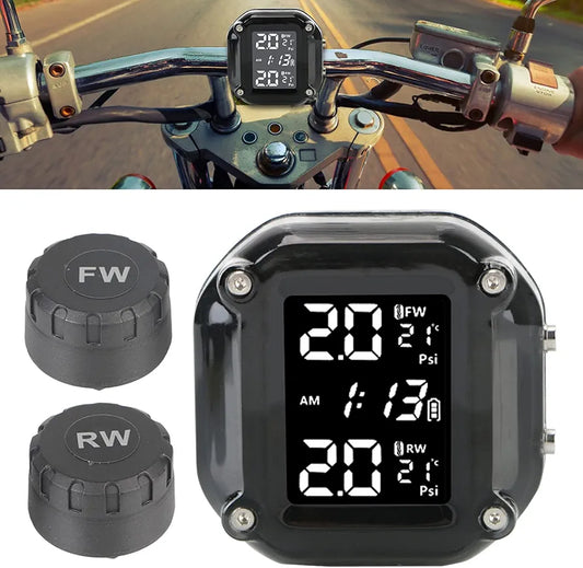 Motorcycle TPMS Tire Pressure Monitoring System with 2 External Sensors LCD Display Motorbike Tyre Temperature Alarm