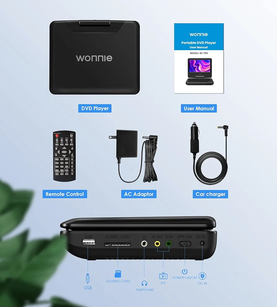 WONNIE 9.5" Portable DVD Player for Kids and Car with 7.5" Swivel Screen, 4-6 Hours Rechargeable Battery, All Regions, AV in/Out, Support USB/SD Card/Sync TV