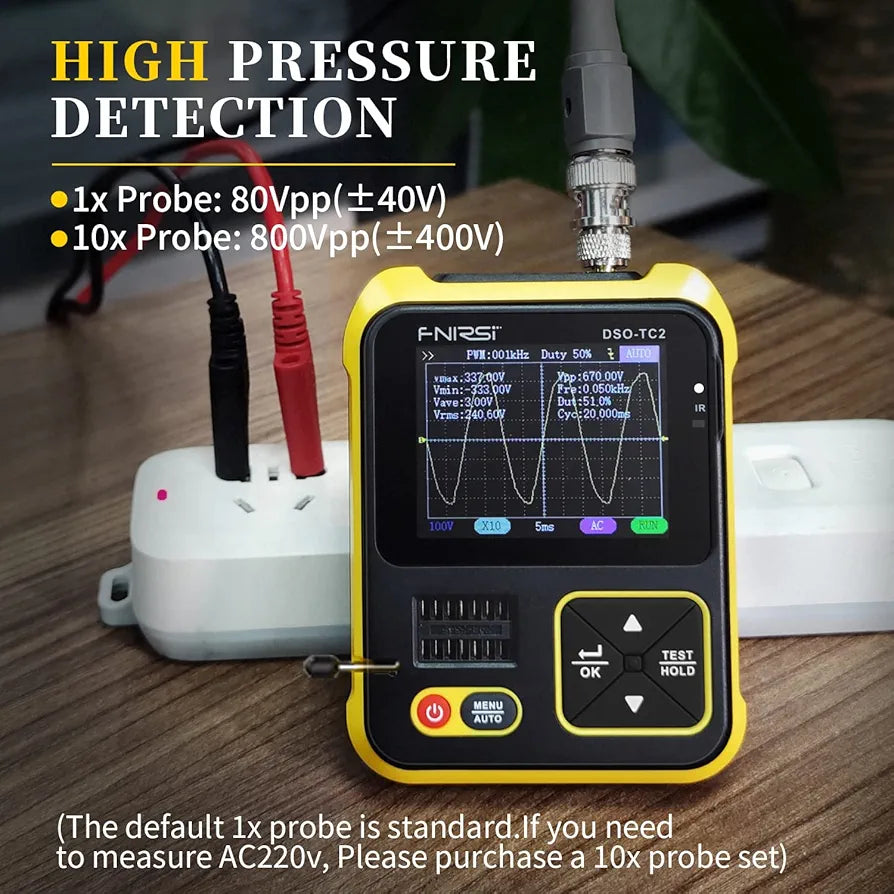 FNIRSI DSO-TC2 Oscilloscope - 2-in-1 Handheld Oscilloscope & Transistor Tester, PWM Square Wave Output, Diode Voltage Continuity Tester, Integrated Hidden Stand, P6100 High Voltage Probe