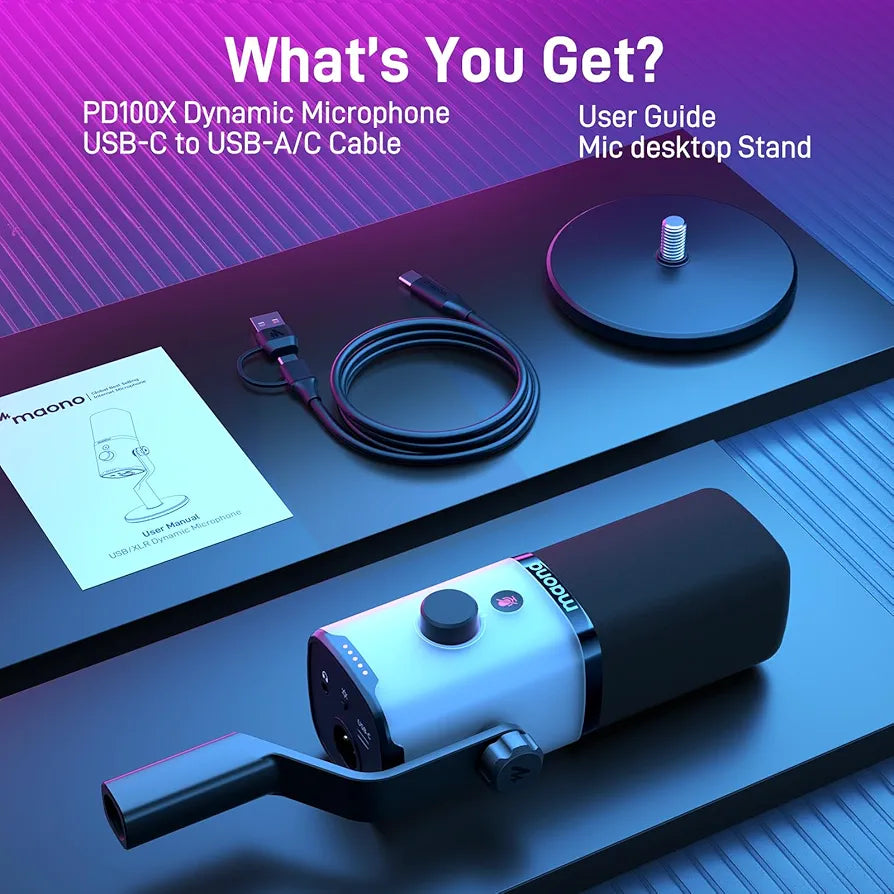 MAONO XLR USB Gaming Microphone: Dynamic RGB PC Microphone with Software for Streaming Podcast Vocal Recording Computer Mic with Noise Cancellation, Mute Button, Gain Knob, Desktop Stand PD100X RGB