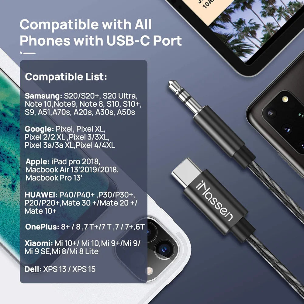 iNassen USB C to 3.5mm Adapter Aux Car Cable for Samsung USB C Jack 3.5mm Adapter Audio Cable C to 3.5mm Aux Stereo Car Compatible with Samsung S20/S20+/S10/Note10, Pixel 2 3 XL, Huawei P40 P30 PRO/P20
