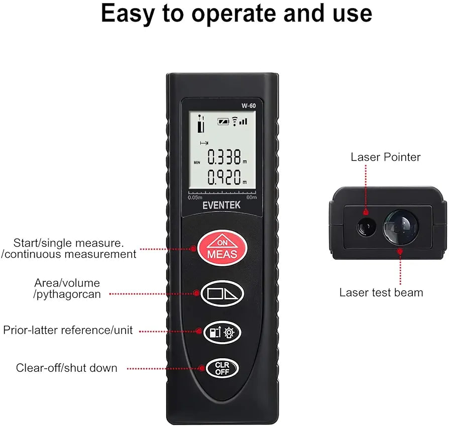 Laser Distance Meter, Eventek Portable Laser Measure Tool with Backlight, Distance Measure for Volume/Area/Pythagorean