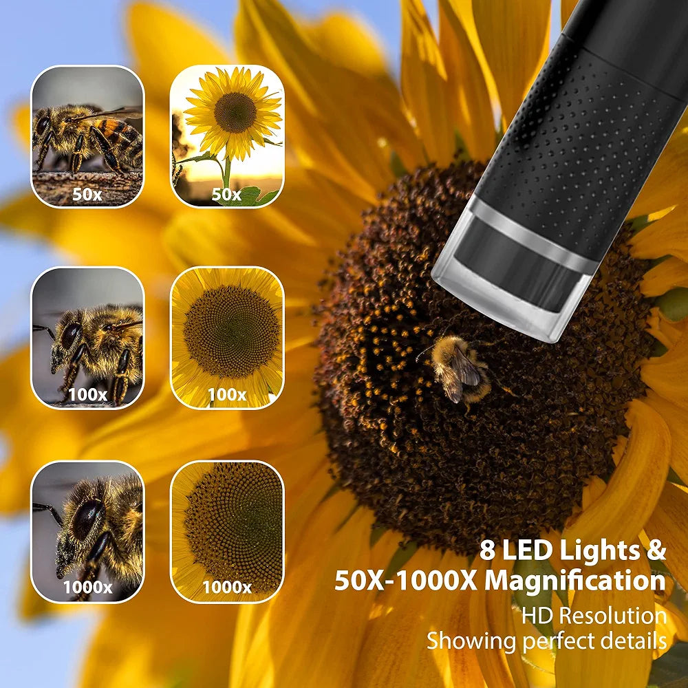 Wireless Digital Microscope, 50X-1000X Magnification Handheld Pocket Microscope Camera with 8 Adjustable LED, Rechargeable Bluetooth Microscope with iOS Android Phone, MacBook, Windows PC
