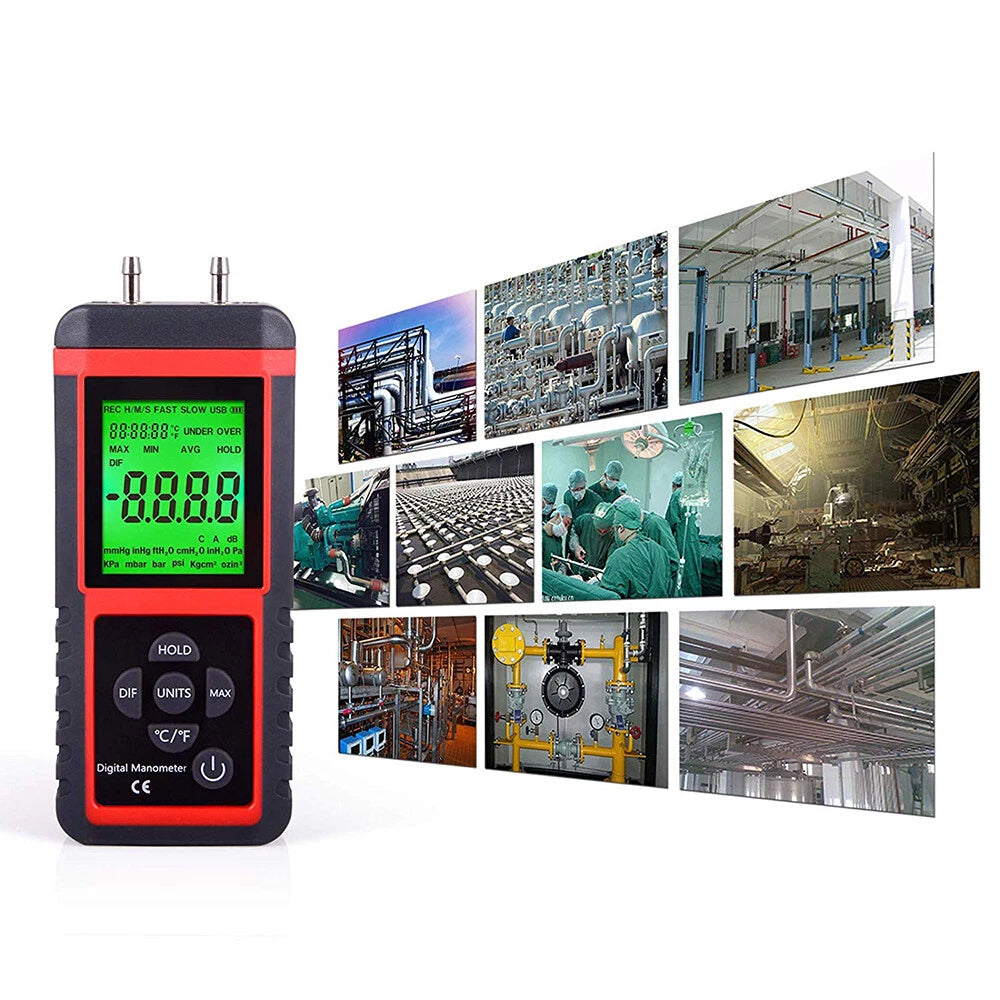 LCD Digital Manometer Differential Pressure Gauge Gas Air Pressure Meter 12 Unit