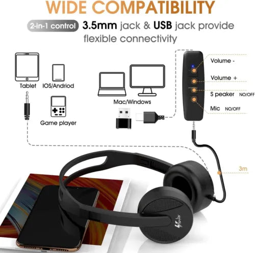 USB Headset with Microphone, 3.5mm Jack/USB 2-in-1 Computer Headset with Bru