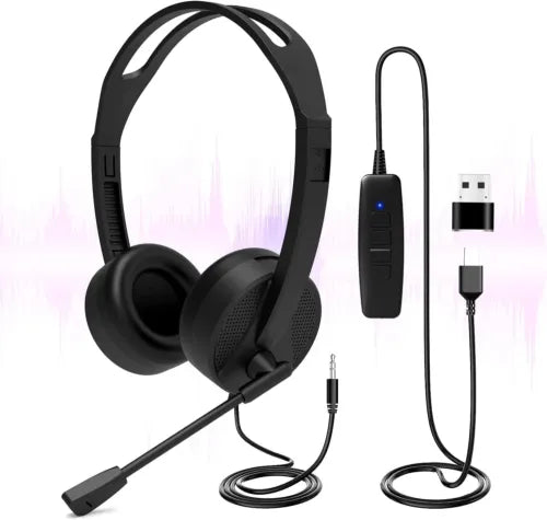 USB Headset with Microphone, 3.5mm Jack/USB 2-in-1 Computer Headset with Bru