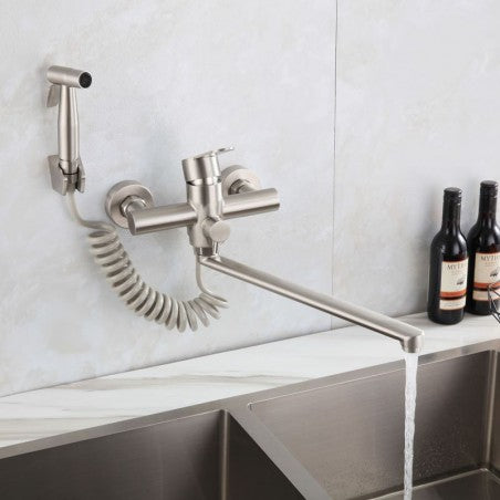 Stainless Steel Rotatable Wall Mounted Kitchen Tap with Bidet Spray Shower Head