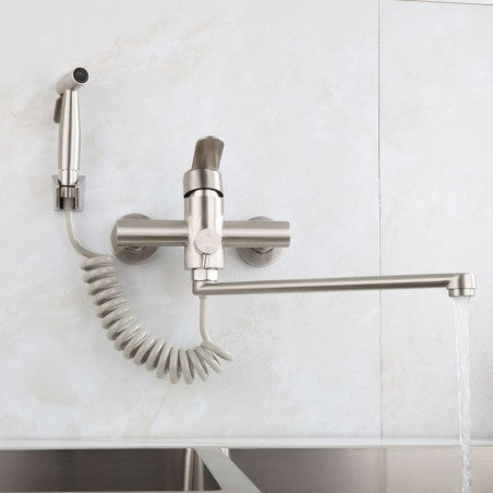 Stainless Steel Rotatable Wall Mounted Kitchen Tap with Bidet Spray Shower Head