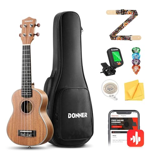 Donner Concert Ukulele Beginner Kit 23 inch Ukelele Mahogany Wood with Free Online Lesson Gig Bag Strap Nylon String Tuner Picks Ukalalee Yukalalee Bundle Pack DUC-200